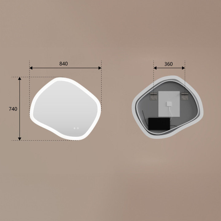 Asymmetrischer LED-Badspiegel 84 × 74 cm mit Touch-Schalter und Spiegelheizung