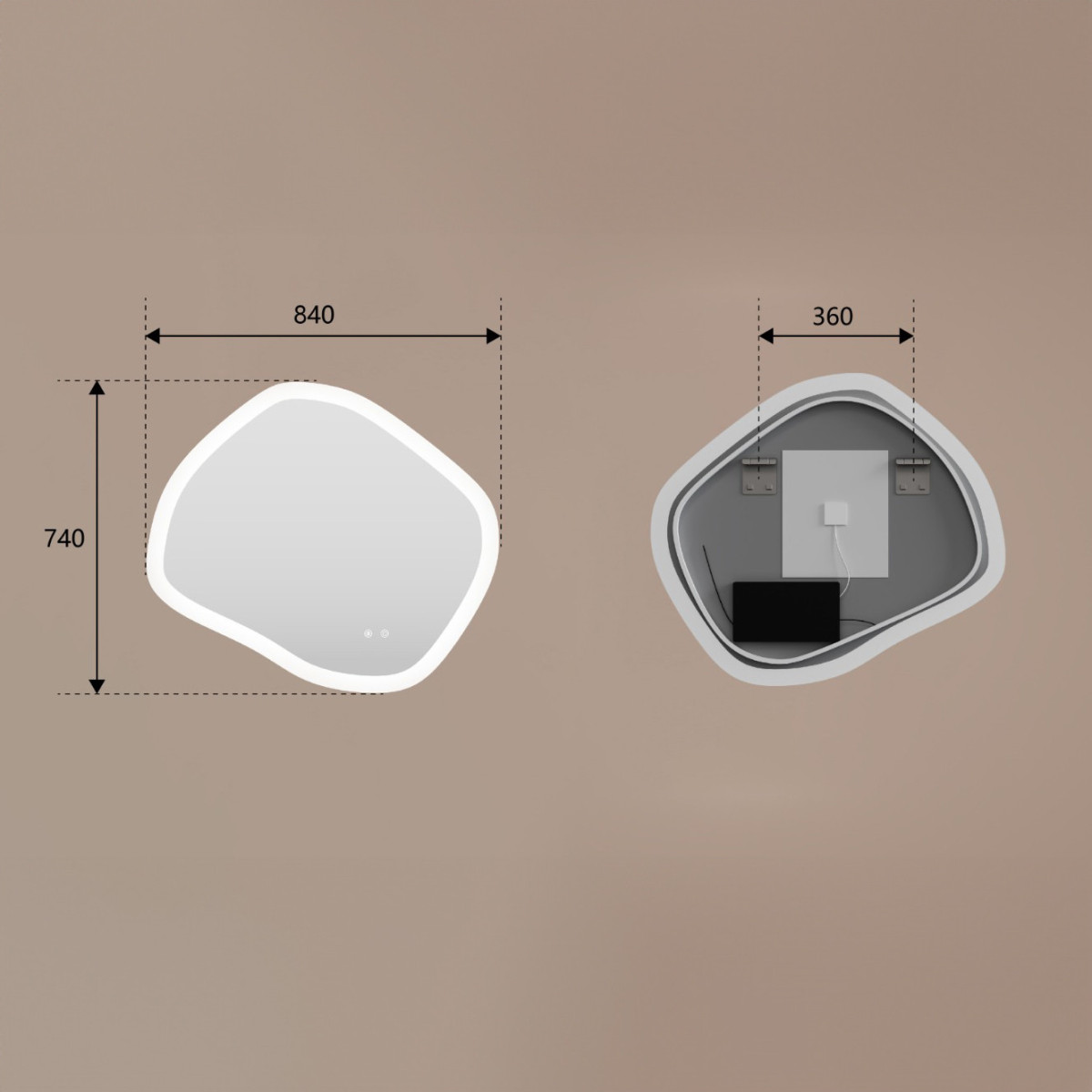 Asymmetrischer LED-Badspiegel 84 × 74 cm mit Touch-Schalter und Spiegelheizung