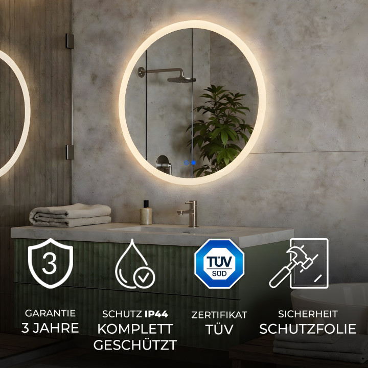 Runder LED-Badspiegel 80 cm mit Touch-Schalter und Spiegelheizung
