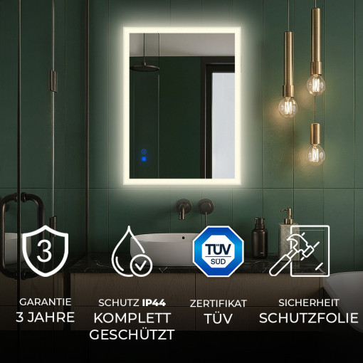 Rechteckiger LED-Badspiegel 80 × 60 cm mit Touch-Schalter und Spiegelheizung
