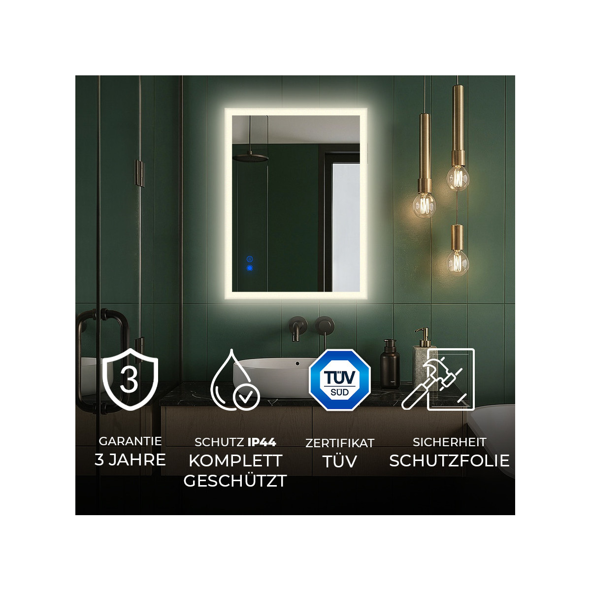 Rechteckiger LED-Badspiegel 80 × 60 cm mit Touch-Schalter und Spiegelheizung