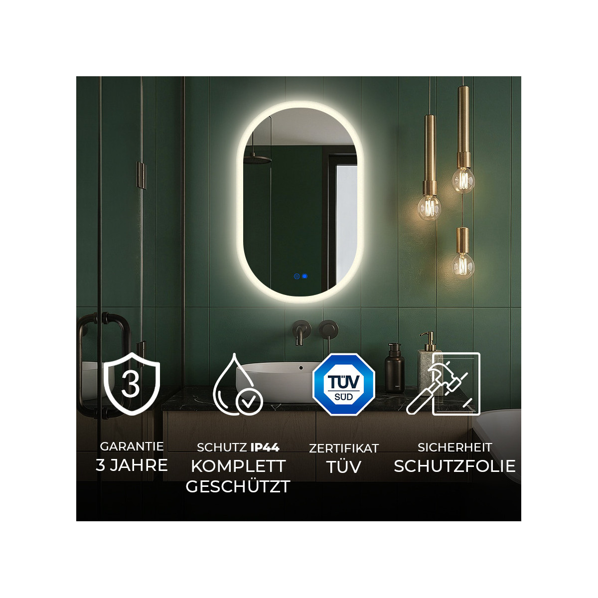 Ovaler LED-Badspiegel 80 × 50 cm mit Touch-Schalter und Spiegelheizung
