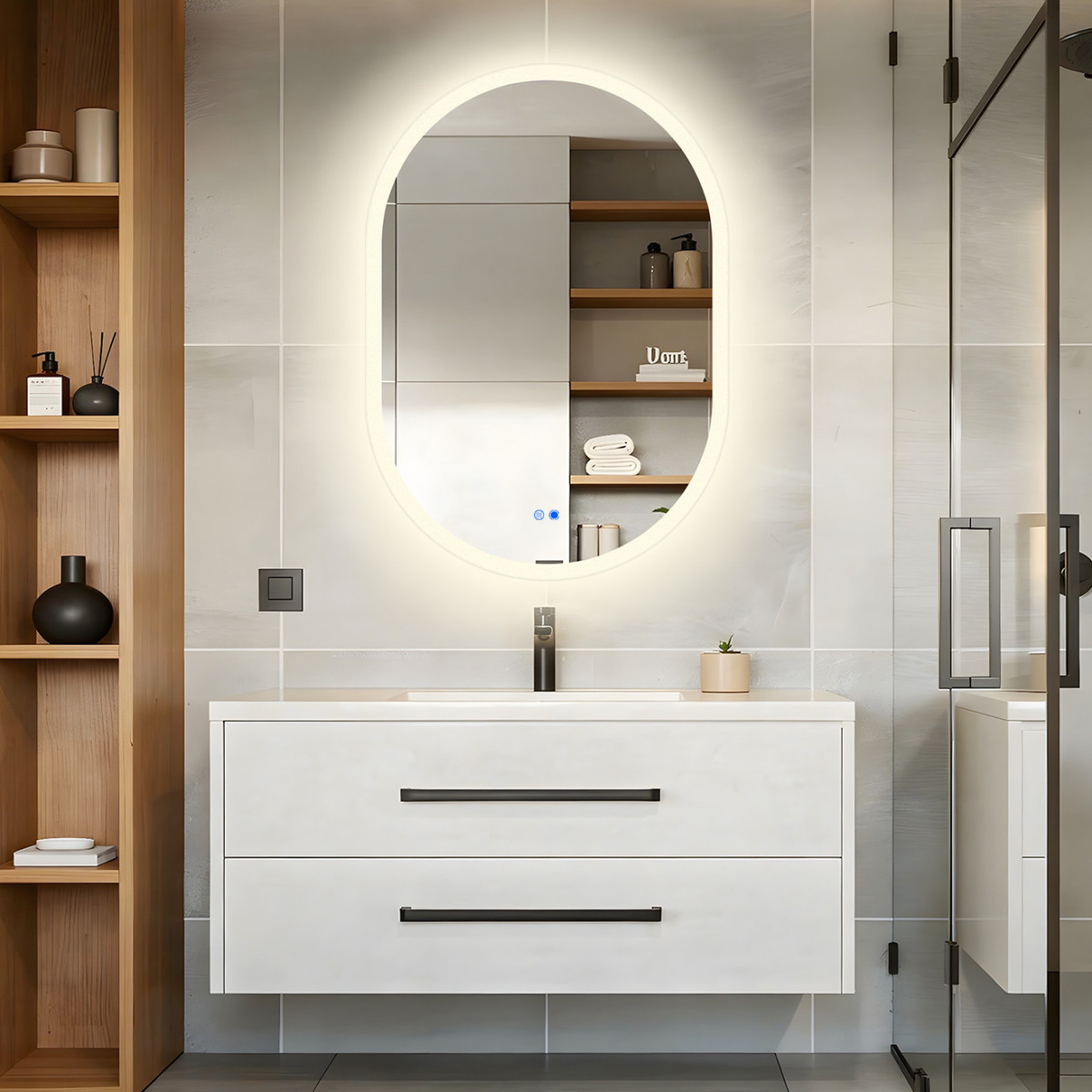 Ovaler LED-Badspiegel 100 × 70 cm mit Touch-Schalter und Spiegelheizung