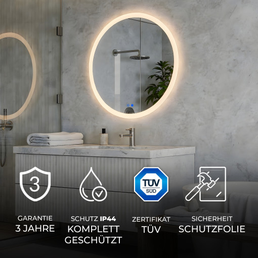 Runder LED-Badspiegel 60 cm mit Touch-Schalter und Spiegelheizung