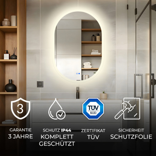 Ovaler LED-Badspiegel 100 × 70 cm mit Touch-Schalter und Spiegelheizung