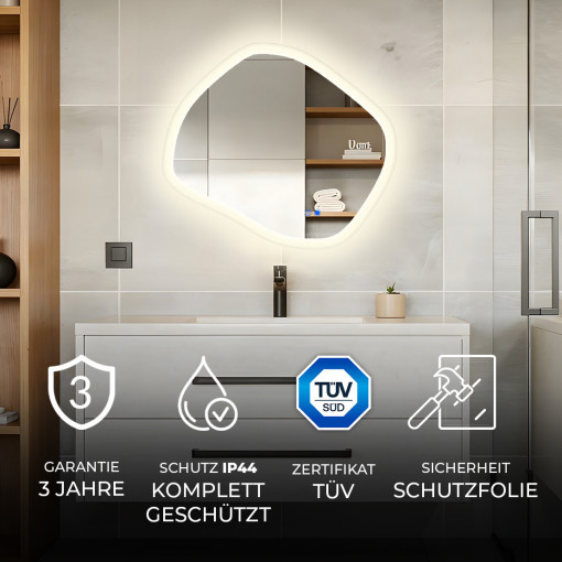 Asymmetrischer LED-Badspiegel 84 × 74 cm mit Touch-Schalter und Spiegelheizung