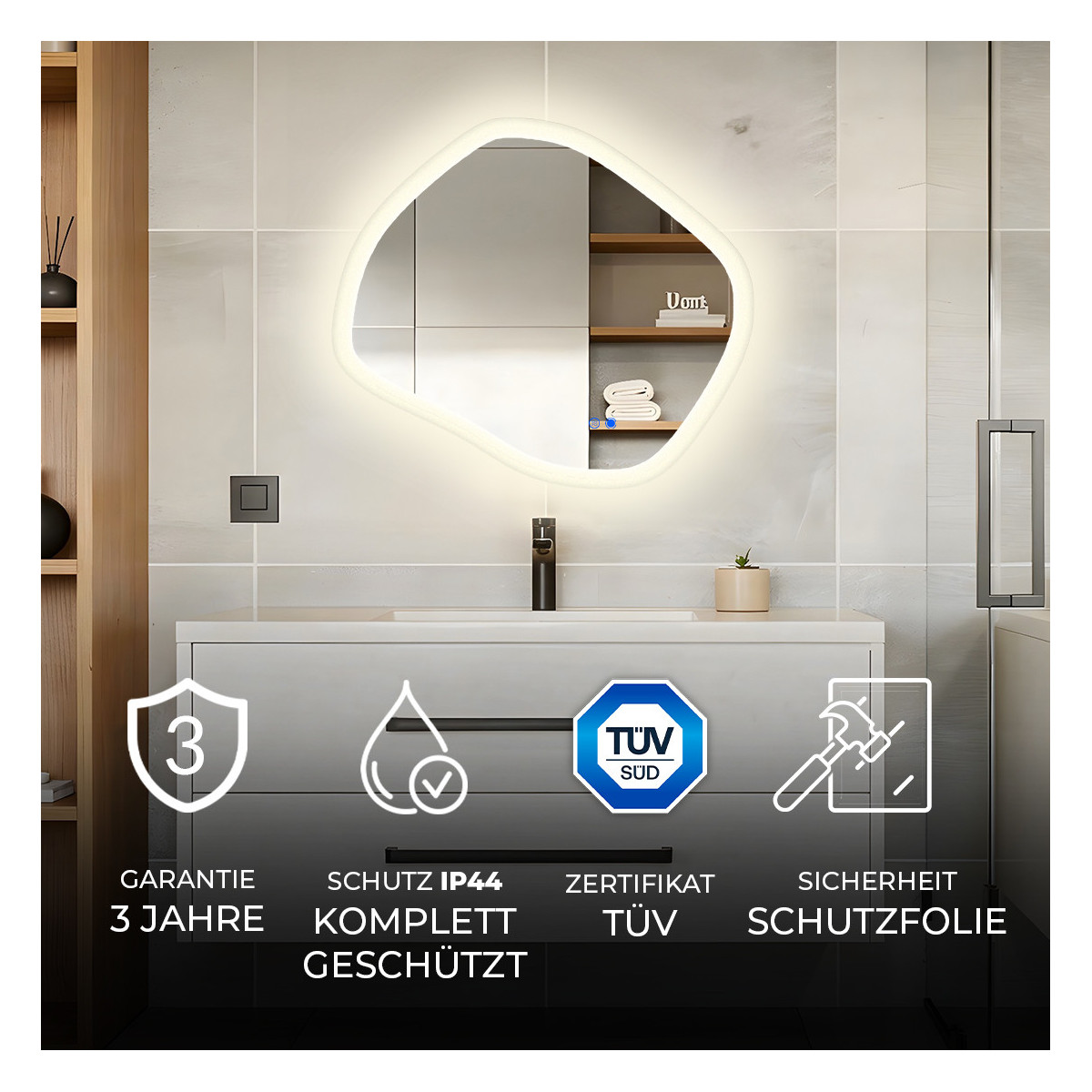 Asymmetrischer LED-Badspiegel 84 × 74 cm mit Touch-Schalter und Spiegelheizung