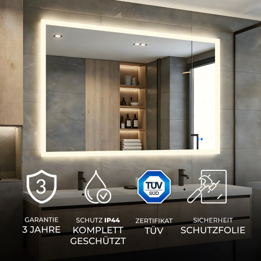 Rechteckiger LED-Badspiegel 120 × 70 cm mit Touch-Schalter und Spiegelheizung