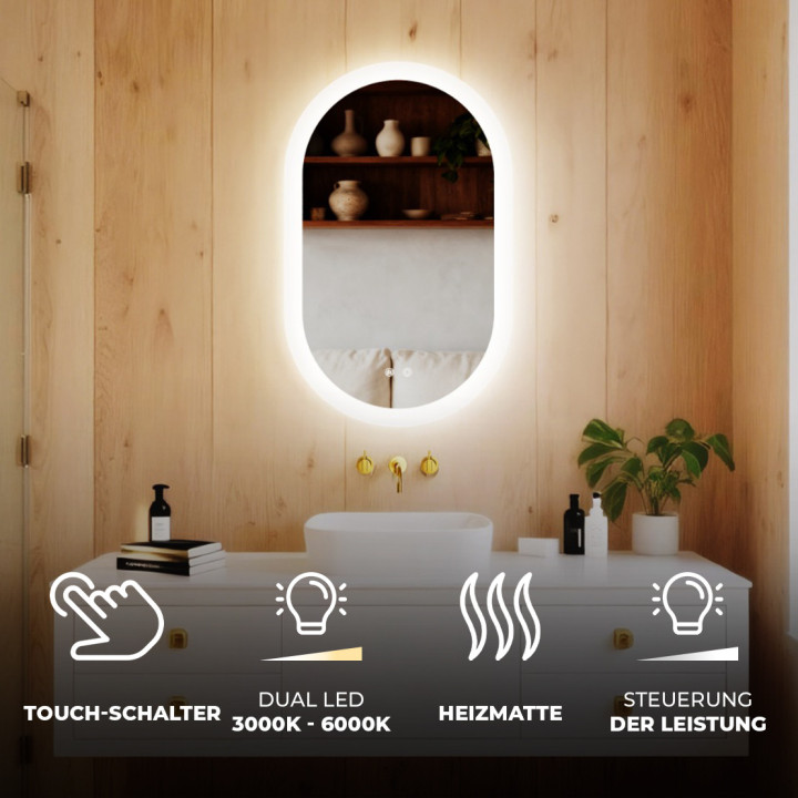 Ovaler LED-Badspiegel 80 × 50 cm mit Touch-Schalter und Spiegelheizung