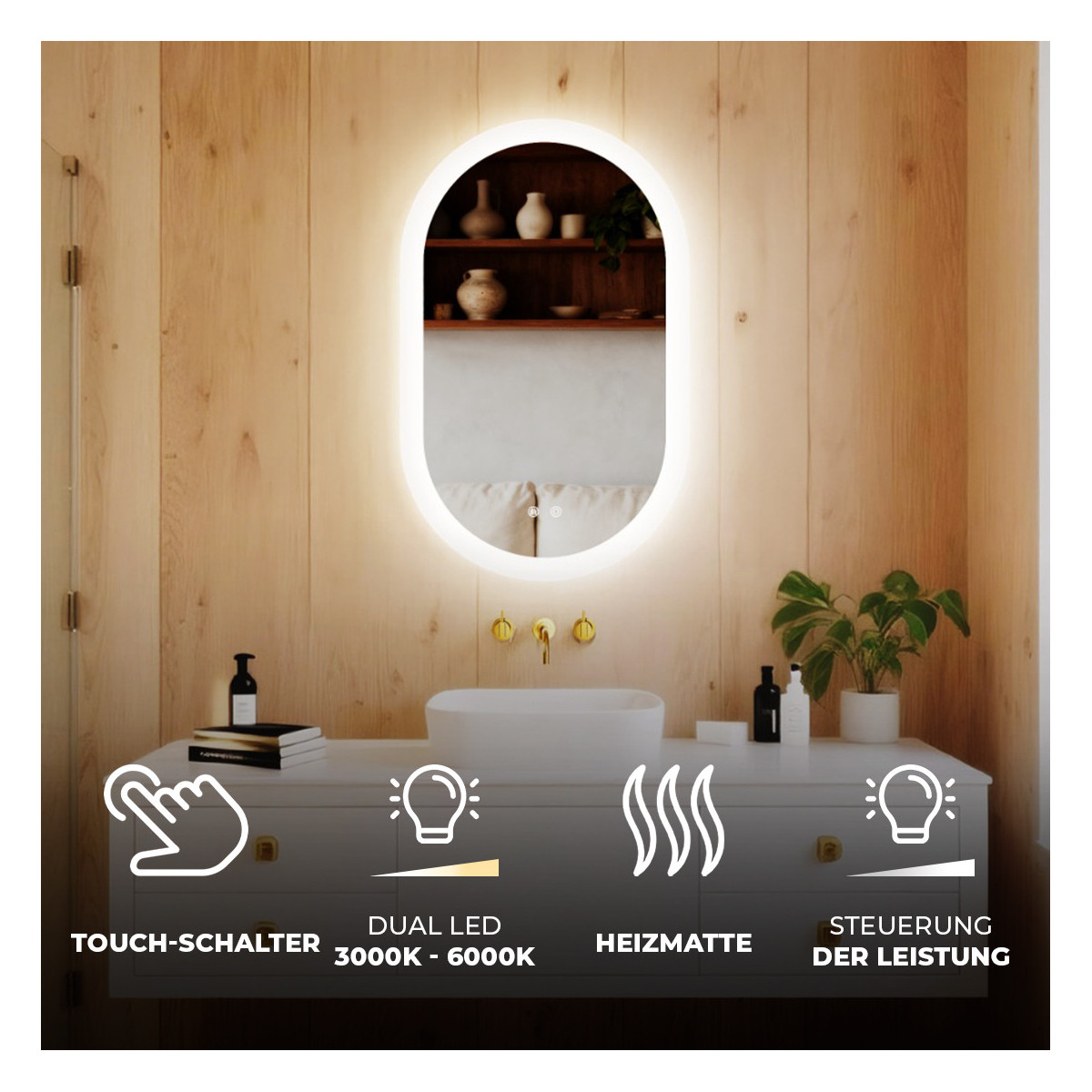 Ovaler LED-Badspiegel 80 × 50 cm mit Touch-Schalter und Spiegelheizung