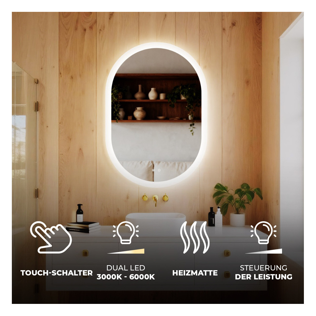 Ovaler LED-Badspiegel 100 × 70 cm mit Touch-Schalter und Spiegelheizung