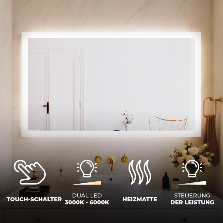 Rechteckiger LED-Badspiegel 120 × 70 cm mit Touch-Schalter und Spiegelheizung