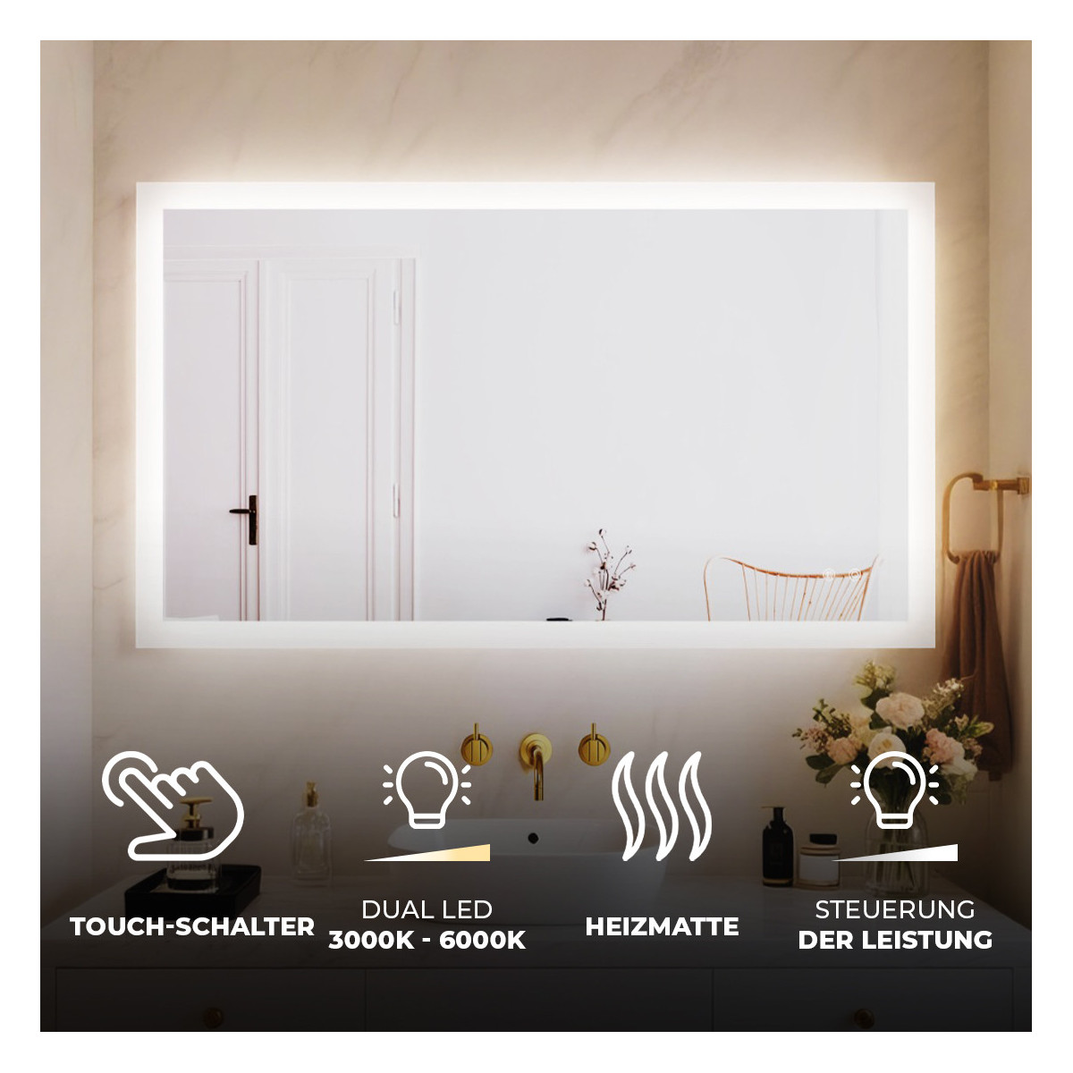 Rechteckiger LED-Badspiegel 120 × 70 cm mit Touch-Schalter und Spiegelheizung