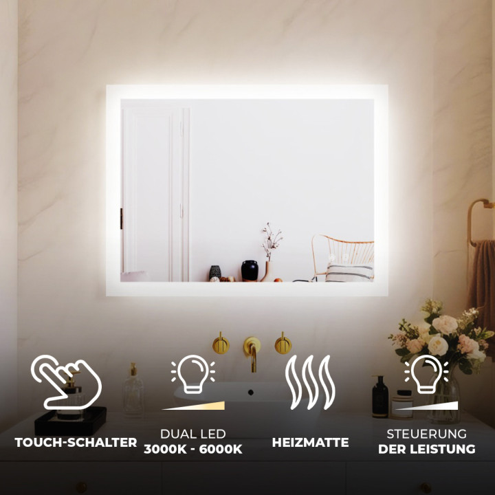 Rechteckiger LED-Badspiegel 80 × 60 cm mit Touch-Schalter und Spiegelheizung