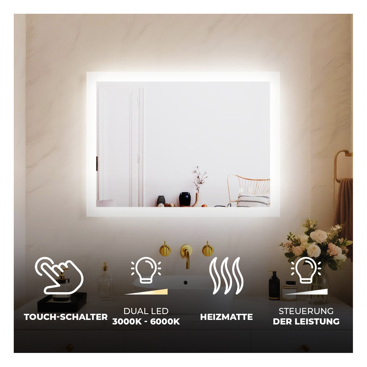 Rechteckiger LED-Badspiegel 80 × 60 cm mit Touch-Schalter und Spiegelheizung