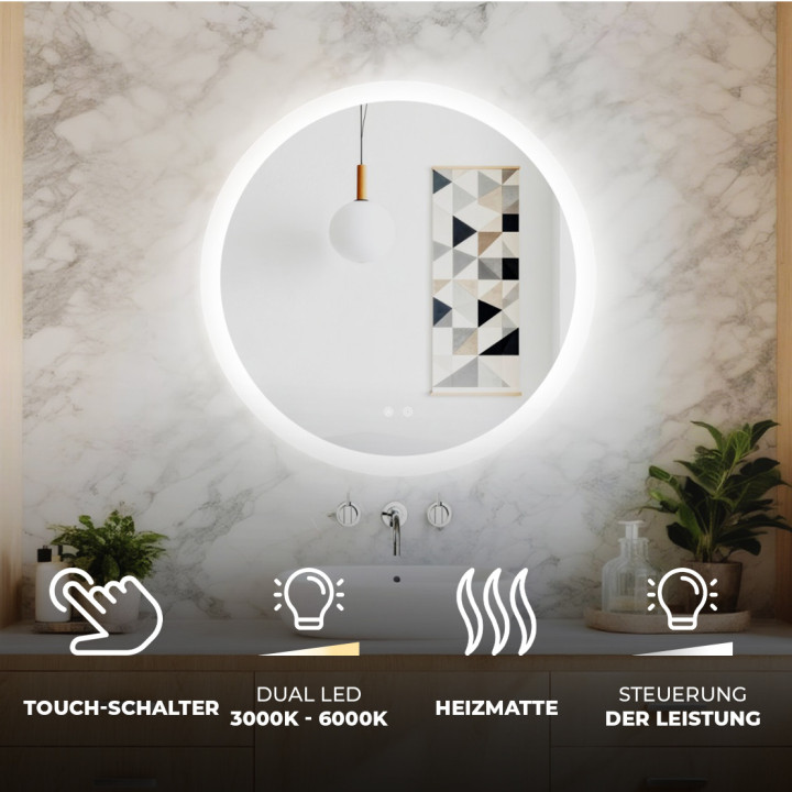 Runder LED-Badspiegel 80 cm mit Touch-Schalter und Spiegelheizung