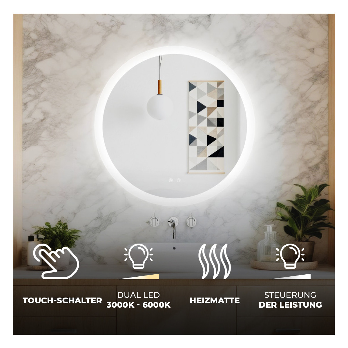 Runder LED-Badspiegel 80 cm mit Touch-Schalter und Spiegelheizung