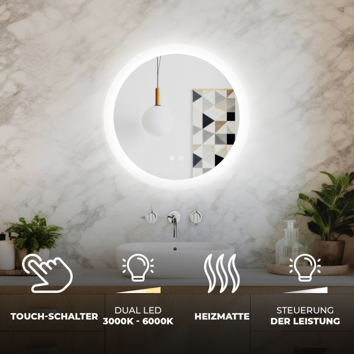 Runder LED-Badspiegel 60 cm mit Touch-Schalter und Spiegelheizung