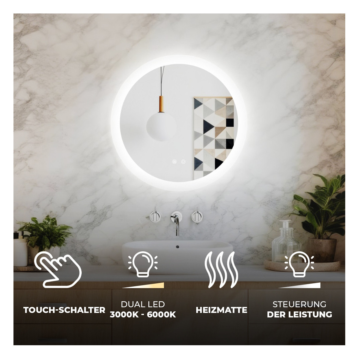Runder LED-Badspiegel 60 cm mit Touch-Schalter und Spiegelheizung