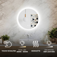 Runder LED-Badspiegel 60 cm mit Touch-Schalter und Spiegelheizung