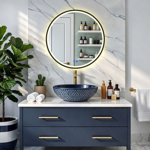 Runder Spiegel mit LED-Beleuchtung in schwarzem Aluminiumrahmen