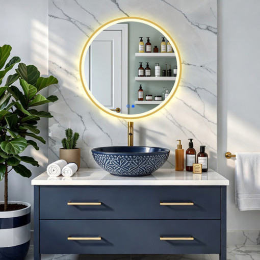 Runder LED-Spiegel mit goldenem Aluminiumrahmen