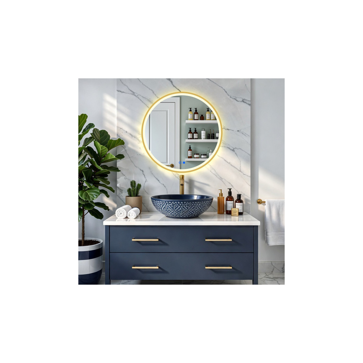 Rundspiegel mit LED-Beleuchtung in goldenem Aluminiumrahmen – 60 cm