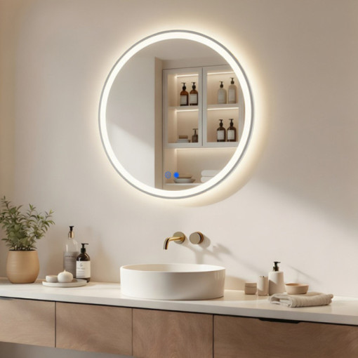 Rundes Spiegel mit LED-Beleuchtung – 60 cm in silbernem Aluminiumrahmen