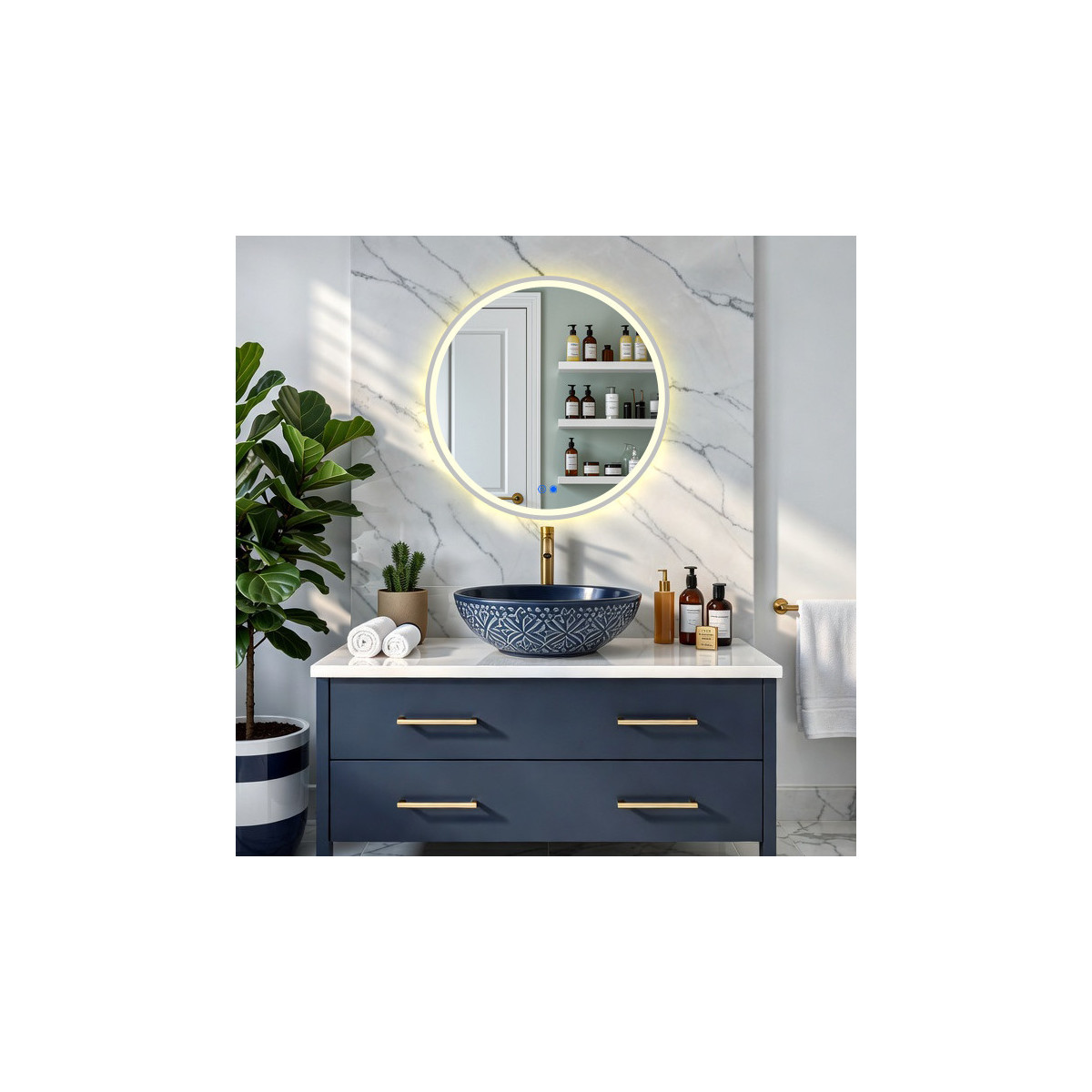 Rundes Spiegel mit LED-Beleuchtung – 60 cm in silbernem Aluminiumrahmen