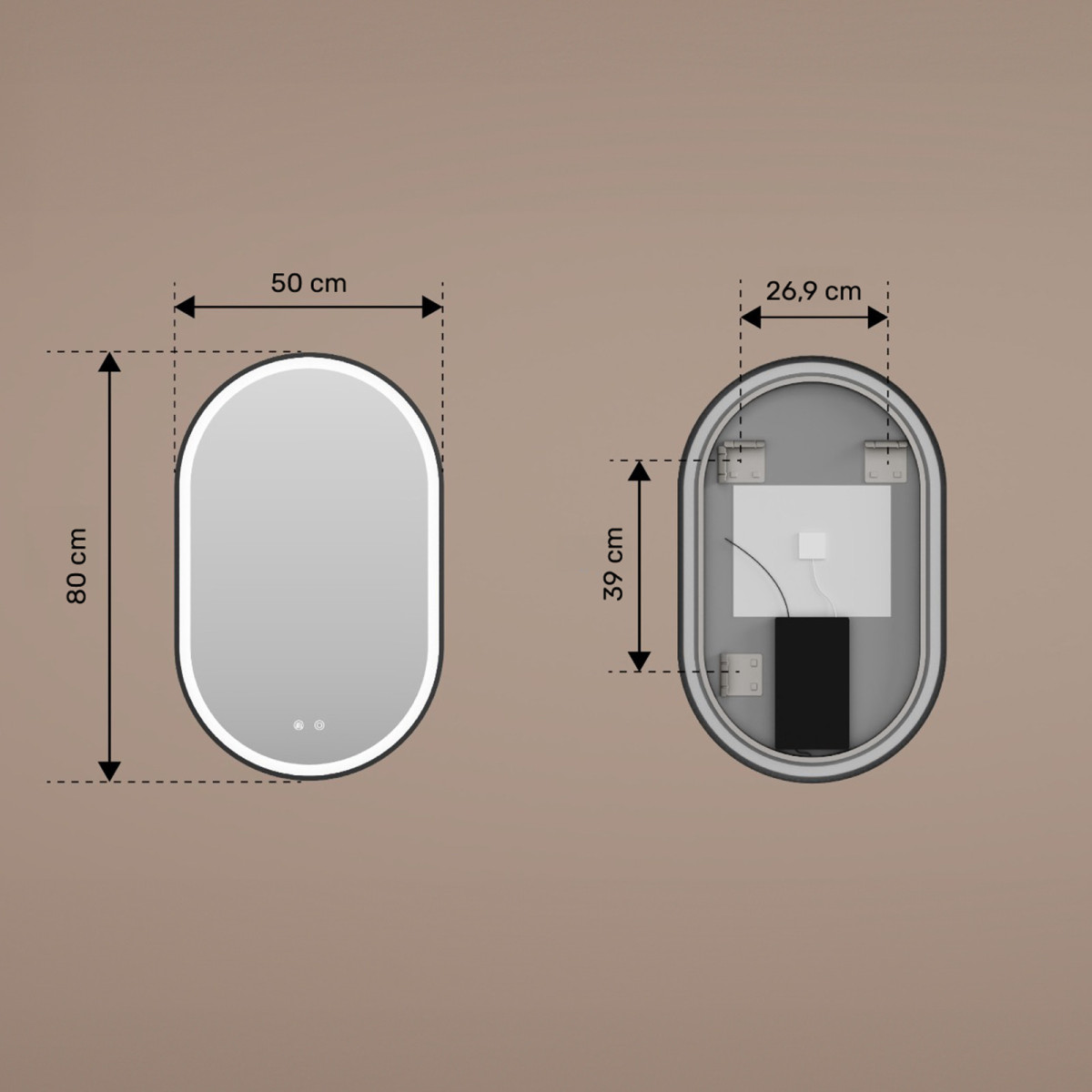 Ovaler LED-Spiegel – 50 x 80/80 x 50 cm in goldenem Aluminiumrahmen