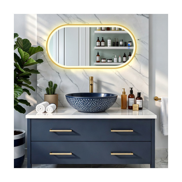 Ovaler LED-Spiegel – 50 x 80/80 x 50 cm in goldenem Aluminiumrahmen