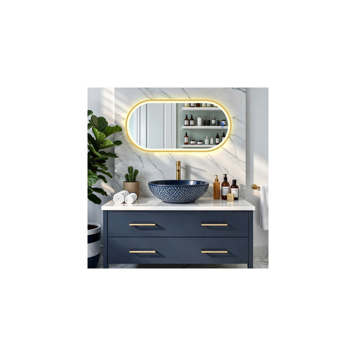 Ovaler LED-Spiegel – 50 x 80/80 x 50 cm in goldenem Aluminiumrahmen