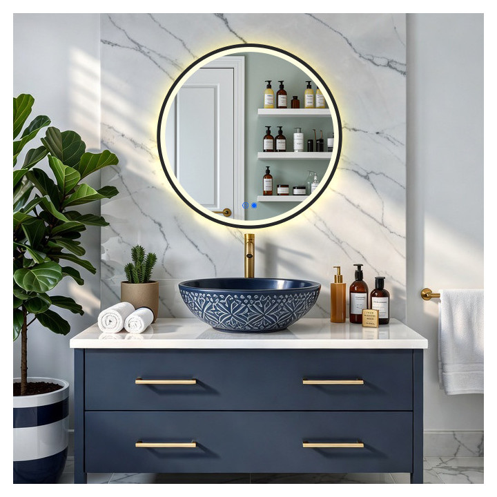 Runder Spiegel mit LED-Beleuchtung – 80 cm in schwarzem Aluminiumrahmen