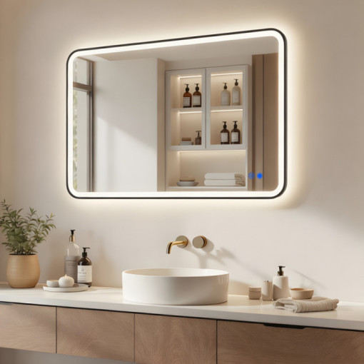 100x70/70x100 cm Abgerundeter Spiegel mit LED-Beleuchtung in schwarzem Aluminiumrahmen