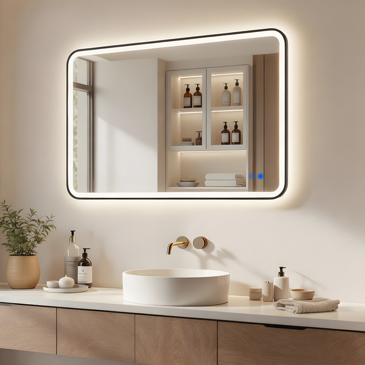 100x70/70x100 cm Abgerundeter Spiegel mit LED-Beleuchtung in schwarzem Aluminiumrahmen