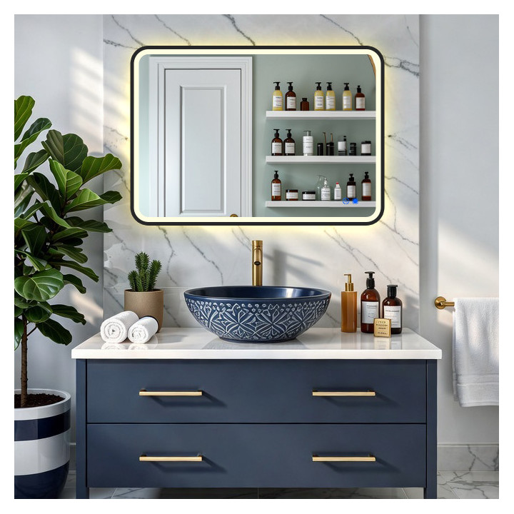 100x70/70x100 cm Abgerundeter Spiegel mit LED-Beleuchtung in schwarzem Aluminiumrahmen