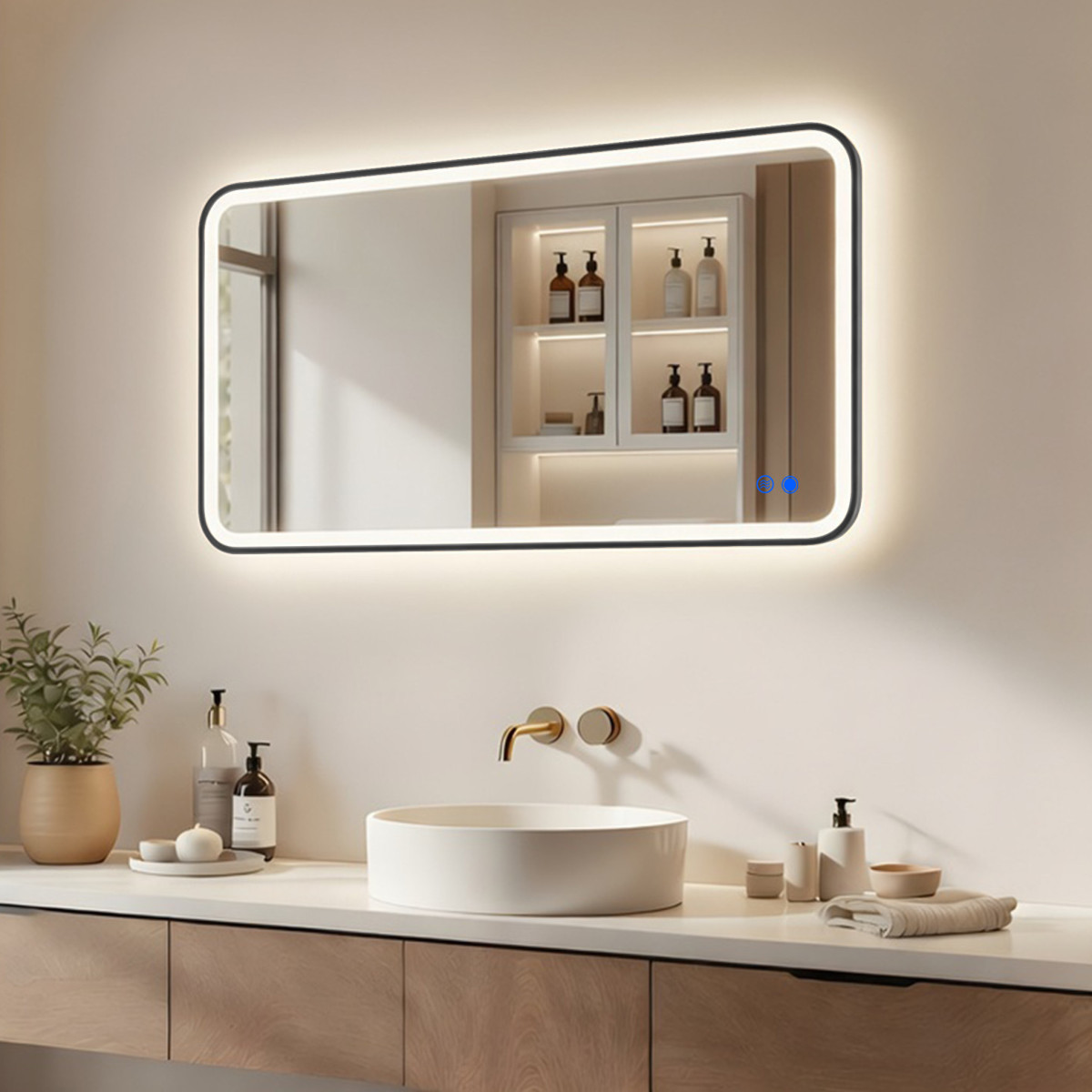 Abgerundeter Spiegel mit LED-Beleuchtung – 120x70/70x120 cm in schwarzem Aluminiumrahmen