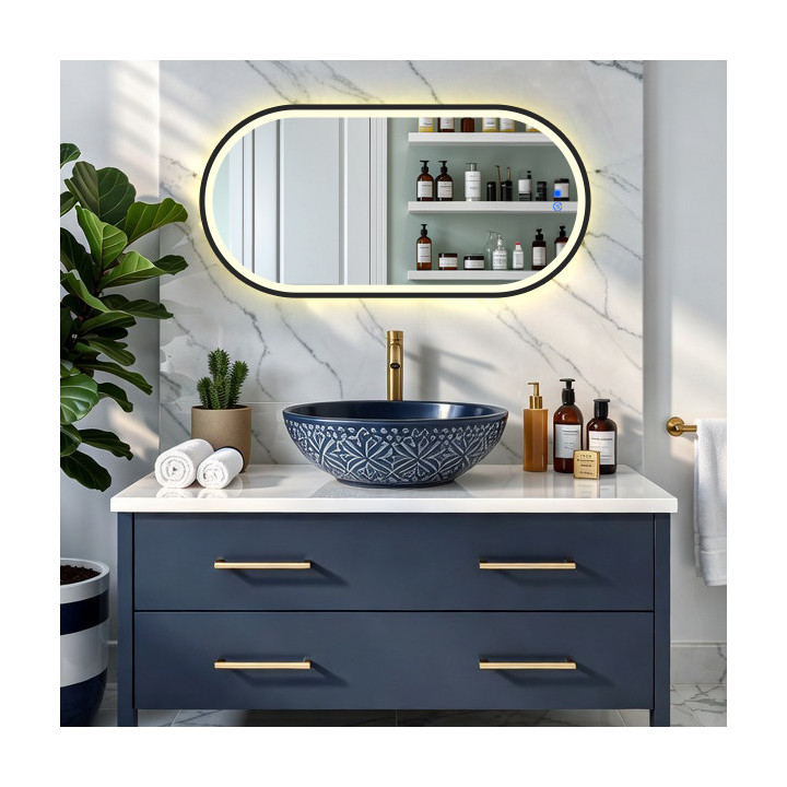 50 x 100/100 x 50 cm Ovaler Spiegel mit LED-Beleuchtung in schwarzem Aluminiumrahmen