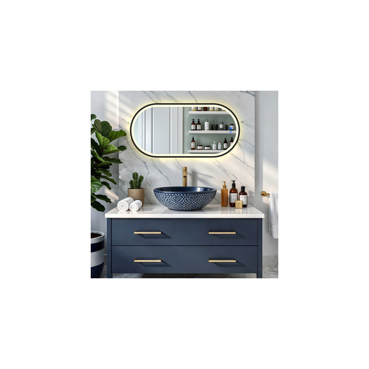 50 x 100/100 x 50 cm Ovaler Spiegel mit LED-Beleuchtung in schwarzem Aluminiumrahmen