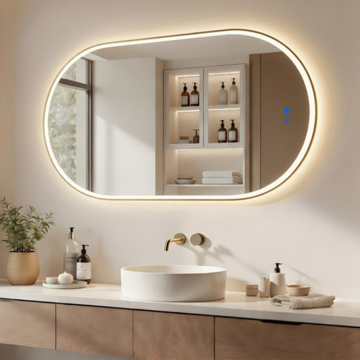 Ovaler LED-Spiegel – 50 x 100/100 x 50 cm in goldenem Aluminiumrahmen