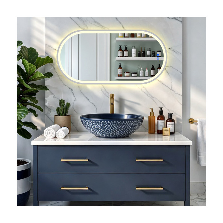 Ovales LED-Spiegel mit Beleuchtung – 50 x 100/100 x 50 cm in silbernem Aluminiumrahmen