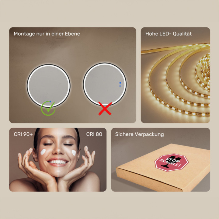 Rundes Spiegel mit LED-Beleuchtung – 60 cm in silbernem Aluminiumrahmen