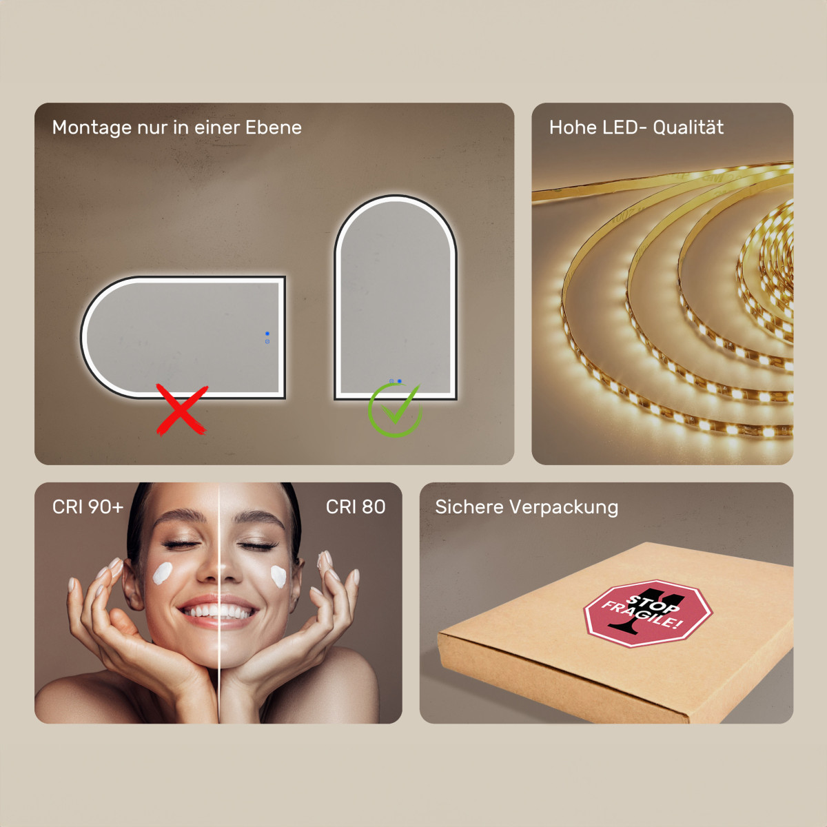 Unregelmäßiger Spiegel mit LED-Beleuchtung – 60 x 90 cm in silbernem Aluminiumrahmen