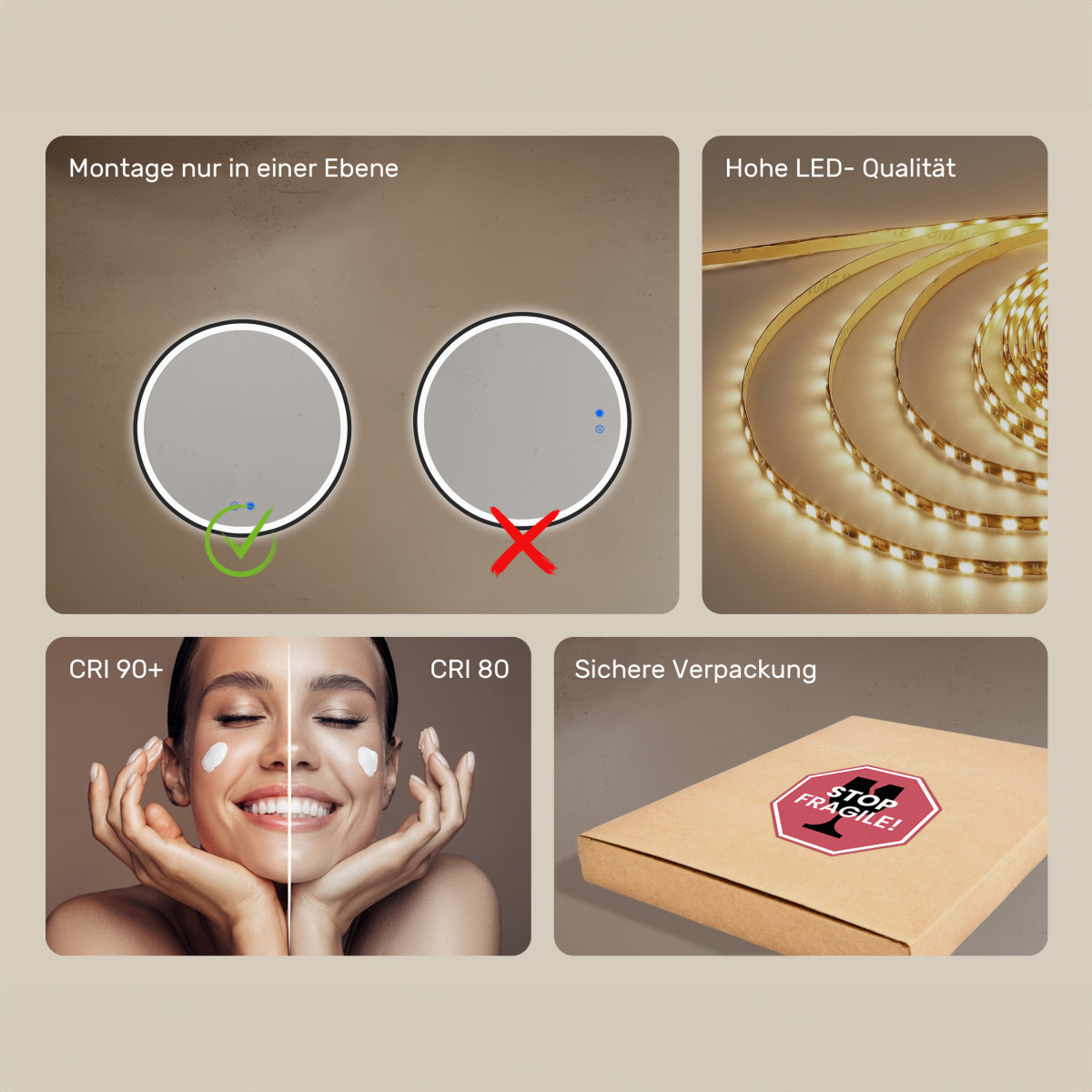 Rundes Spiegel mit LED-Beleuchtung – 80 cm in silbernem Aluminiumrahmen