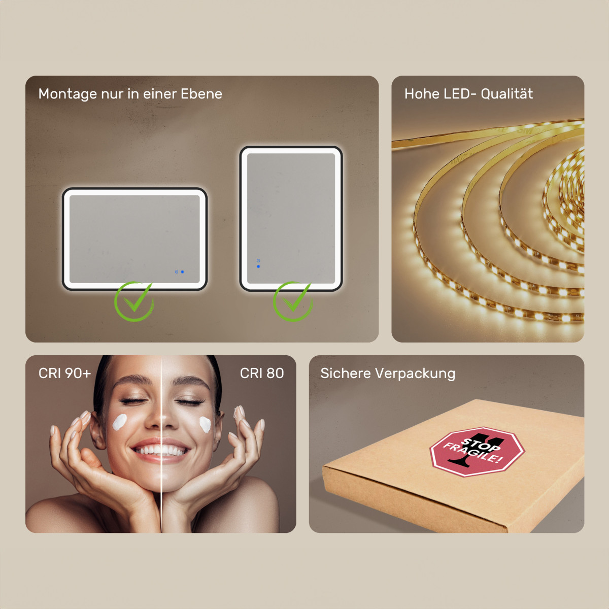 Abgerundeter LED-Spiegel – 120x70/70x120 cm in goldenem Aluminiumrahmen