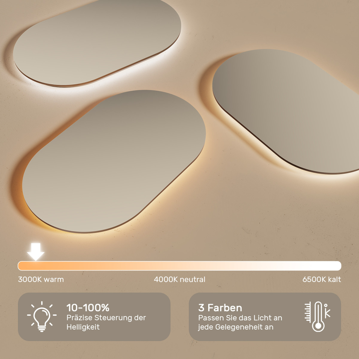 Abgerundeter Spiegel mit LED-Beleuchtung – 100x70/70x100 cm in silbernem Aluminiumrahmen