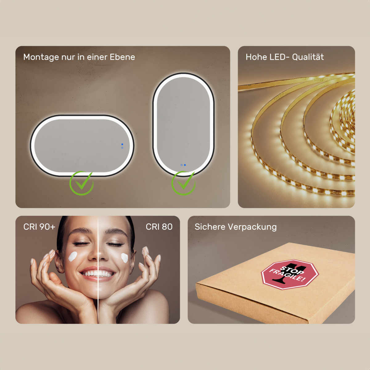 Ovaler LED-Spiegel – 50 x 100/100 x 50 cm in goldenem Aluminiumrahmen