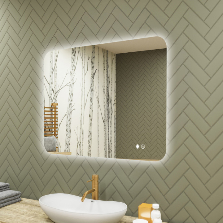 80x60 cm Abgerundeter Badezimmerspiegel mit LED-Beleuchtung, 80x60cm, Zweifarbig, Touch-Schalter, Heizmatte