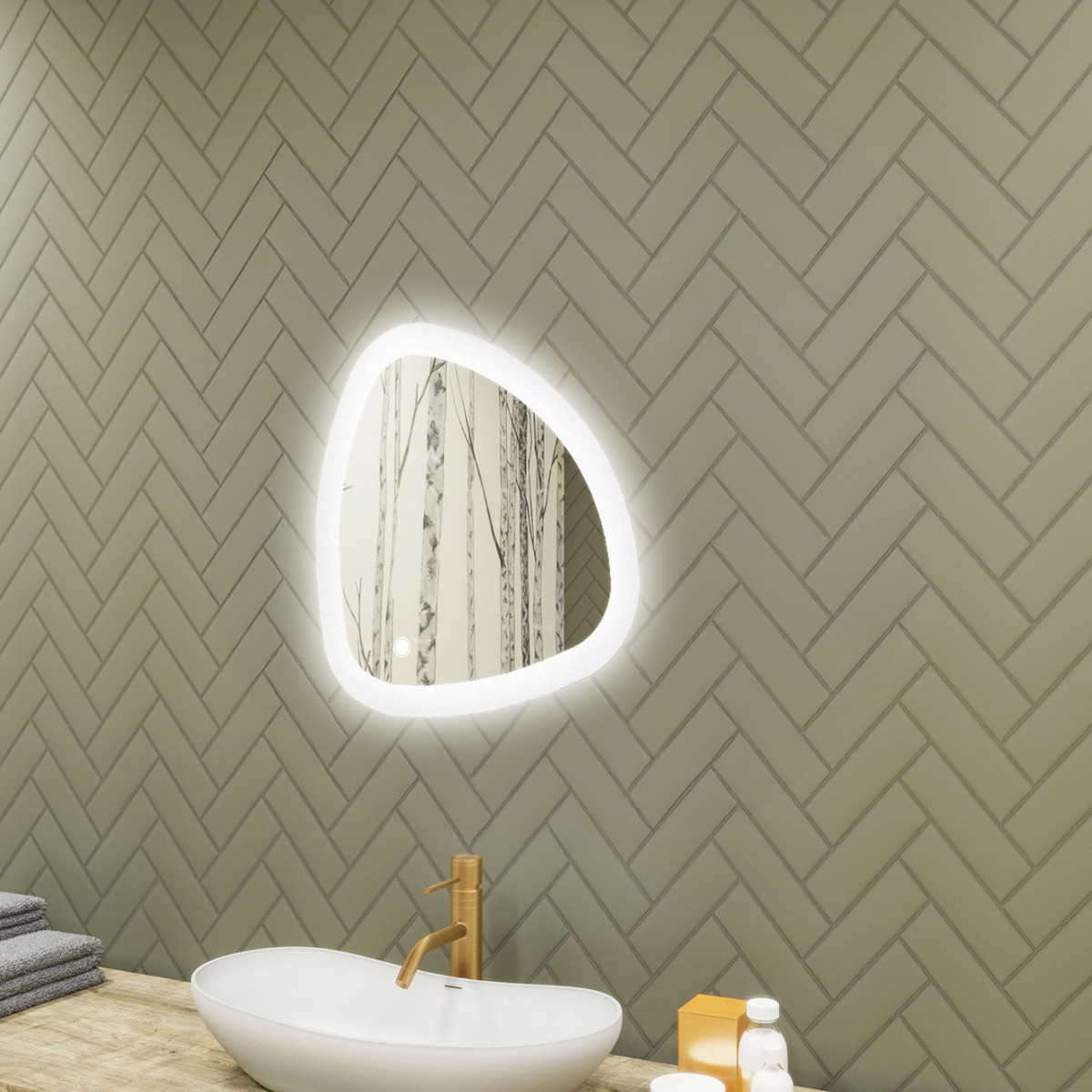 54x54 cm Beleuchteter unregelmäßiger Spiegel, 54x54cm, Zweifarbig, Touch-Schalter, Heizmatte